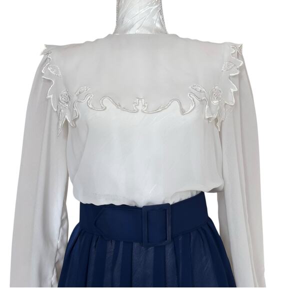 Vintage 80s White Blue Sheer Belted Dress Womens Sz Small Lace Collar Coquette - Picture 6 of 16